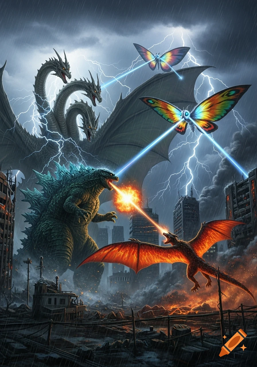 Godzilla, King Ghidorah, Mothra, and Rodan battle in a destroyed city under a stormy, lightning-filled sky.