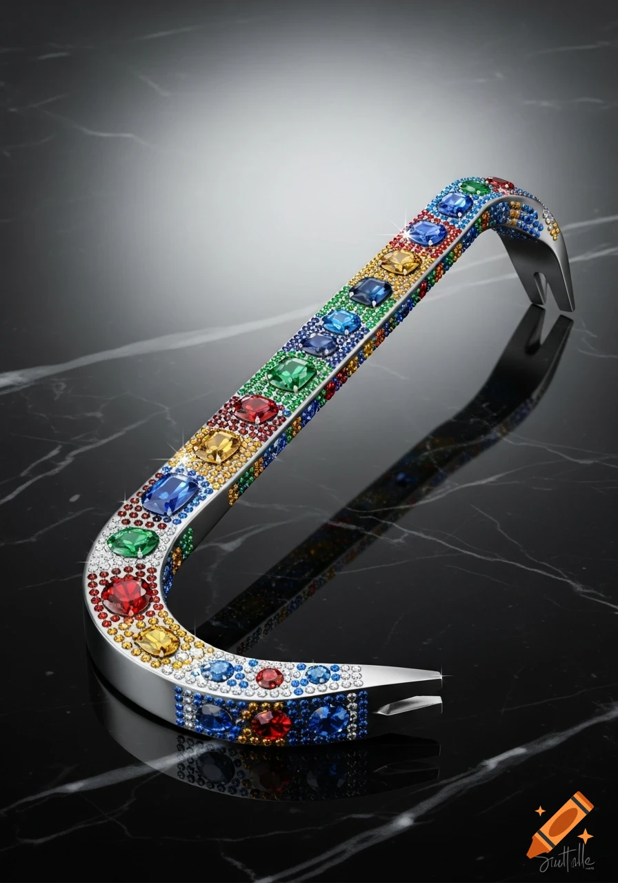 A shiny silver crowbar covered in colorful, sparkling gems and smaller crystals, resting on a reflective black marble surface.