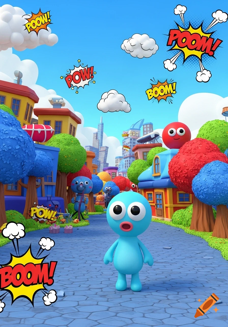 A light blue cartoon character in a vibrant, whimsical cartoon town with colorful buildings, trees, and floating comic book sound effects like "BOOM!".