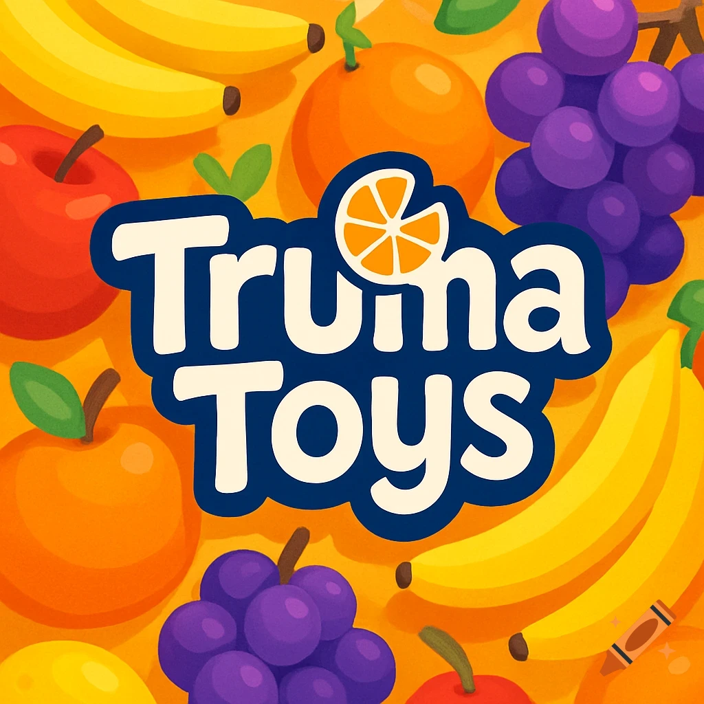A colorful logo with the words 'Truma Toys' in white with a blue outline, surrounded by cartoon-style bananas, oranges, apples, and grapes on a yellow background.