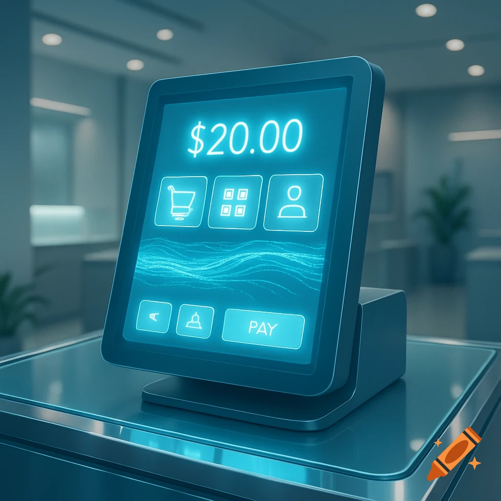 A sleek digital payment terminal with a glowing blue screen showing '$20.00', various icons, and a 'PAY' button, set in a modern interior.