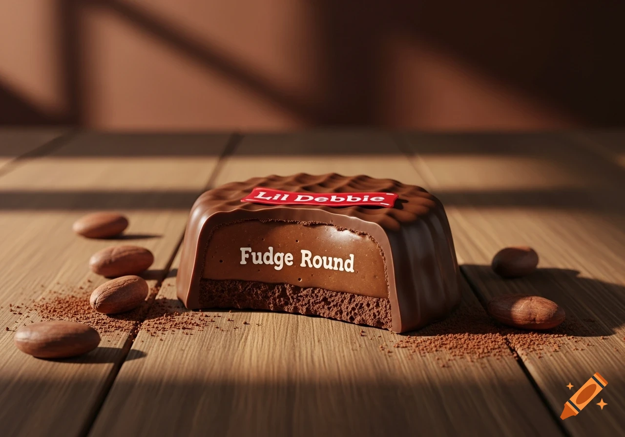 A photorealistic close-up of a chocolate Lil Debbie Fudge Round, cut in half to show the chocolate cake and fudge filling, on a wooden surface with cocoa beans and powder.