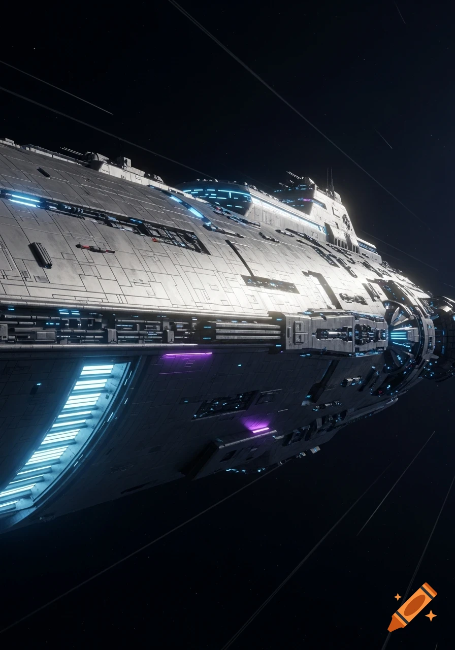 Photorealistic giant spaceship with intricate details and glowing blue and purple lights, floating in dark space.
