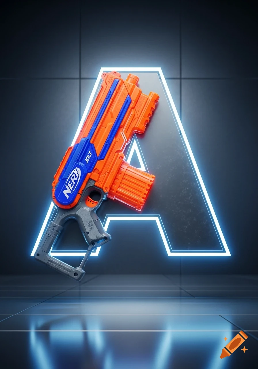 Orange and blue Nerf Jolt blaster forming the left leg and crossbar of a glowing blue capital letter A on a dark futuristic background.