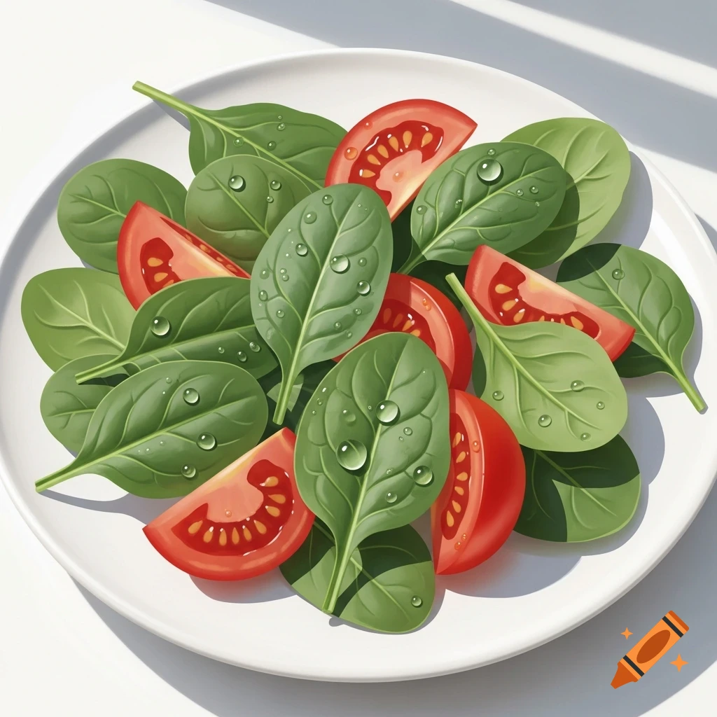 Fresh green spinach leaves and red tomato wedges with water droplets on a white plate under natural light.