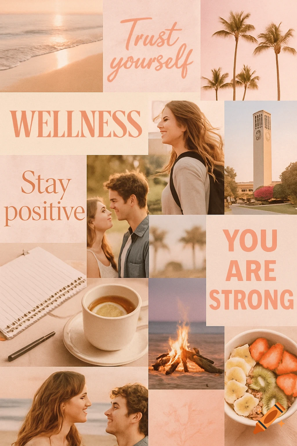 A peach-toned aesthetic collage featuring motivational text, beach scenes, palm trees, students, a couple, a campfire, tea, and a fruit bowl.