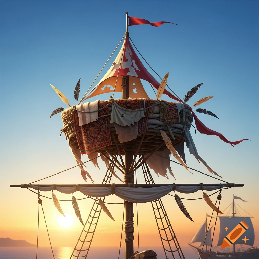 A creative crow's nest, made of a rug, tent fabric, and feathers, on a ship's mast against a sunset over the ocean.