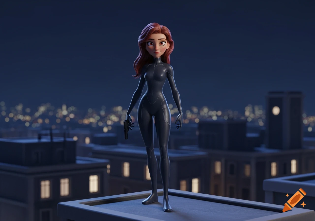 A 3D animated woman with long red hair, wearing a black stealth suit, stands on a rooftop with a handgun at night, with a city skyline behind her.