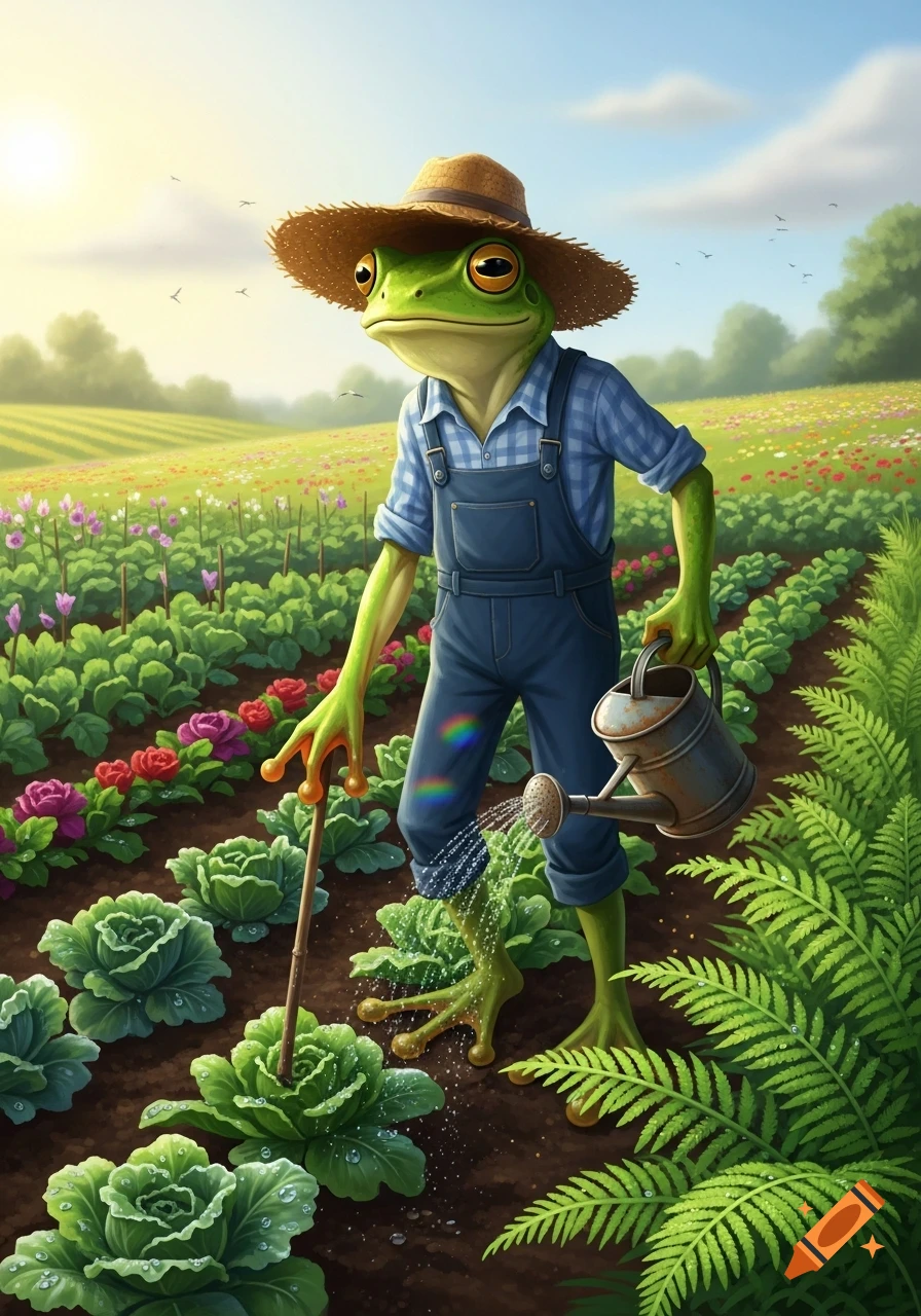 A cartoon frog farmer in a straw hat and overalls waters cabbage plants in a sunny field.