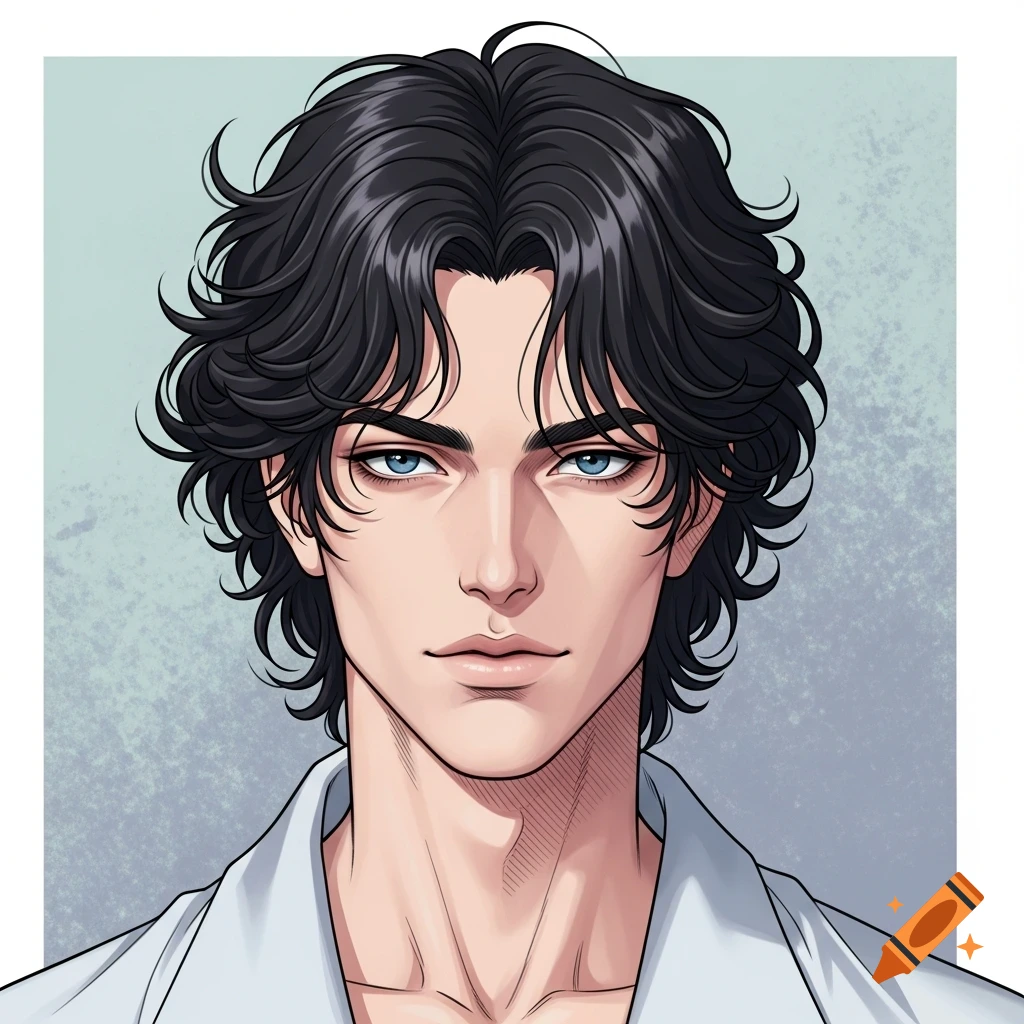 Close-up of a handsome anime man with dark wavy hair and blue eyes, wearing a white shirt.