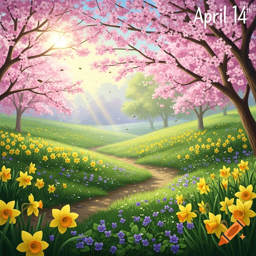 A vibrant illustrated spring landscape with pink cherry blossoms, a winding path, and fields of yellow daffodils. Text 'April 14th'.
