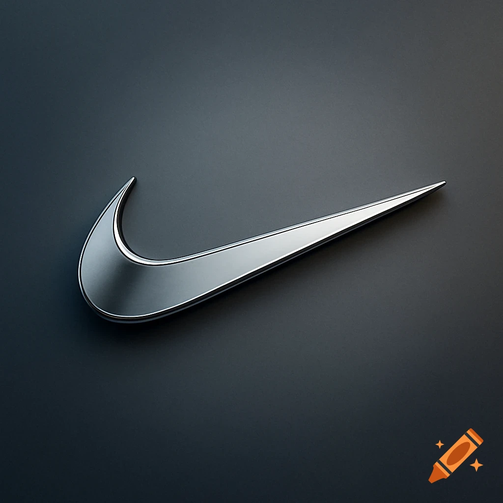 A metallic silver Nike swoosh logo against a dark gray background.