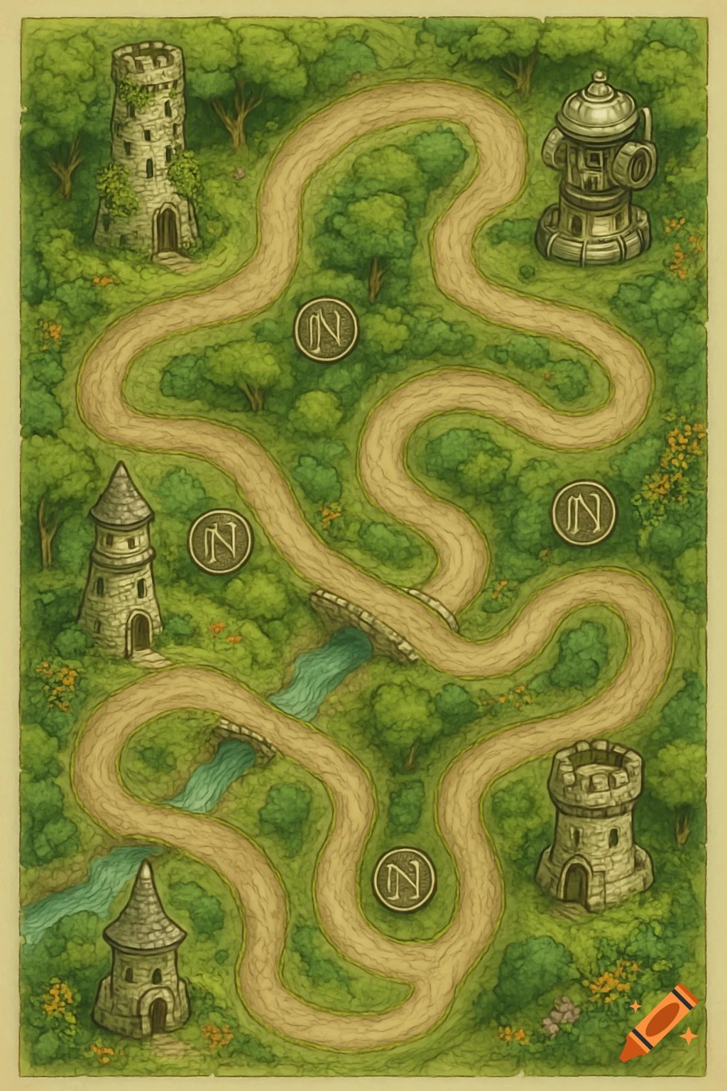 Top-down fantasy map with winding dirt paths, stone towers, rivers with bridges, and circular 'N' tokens in a green forest.