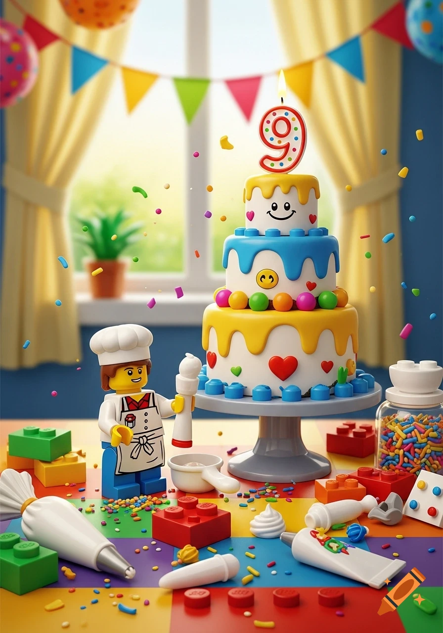 A Lego chef minifigure decorating a vibrant three-tier birthday cake with a "9" candle and sprinkles.