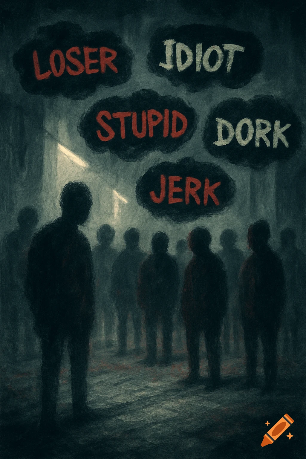 Dark illustration of silhouetted figures with negative words 'LOSER', 'IDIOT', 'STUPID', 'DORK', 'JERK' floating above them.