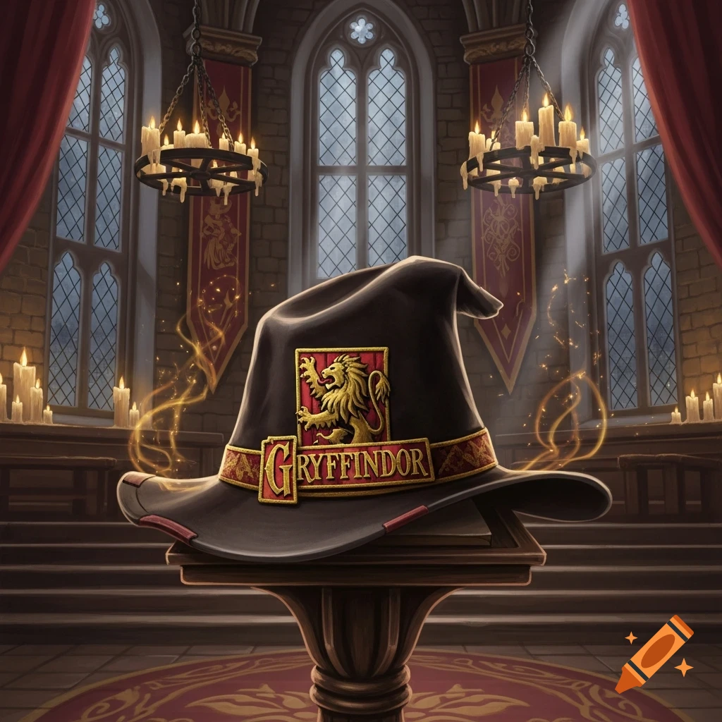 A Gryffindor sorting hat with a lion emblem sits on a pedestal in a grand, candlelit gothic hall with large windows.