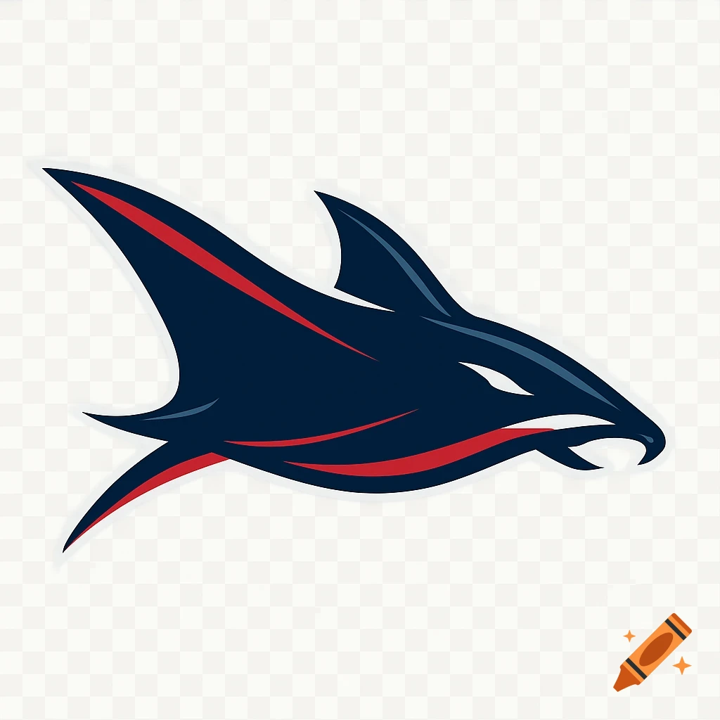 A bold, dynamic esports logo featuring a navy and red manta ray with white accents.