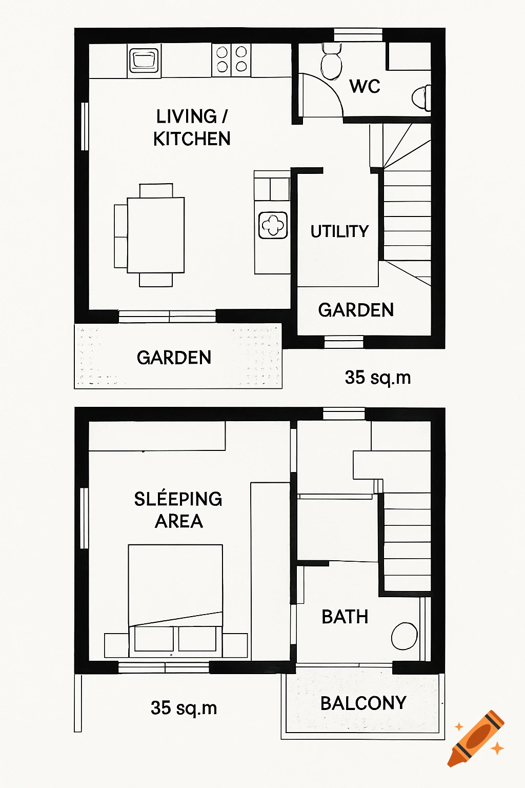 A top-down architectural floor plan for a two-story house, showing living areas, bedrooms, kitchen, bath, utility, and garden/balcony labeled.