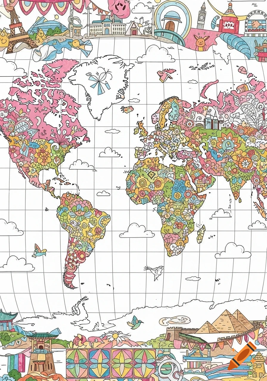 A colorful, cartoony world map featuring various countries filled with decorative patterns and famous landmarks around the borders, in a coloring book style.