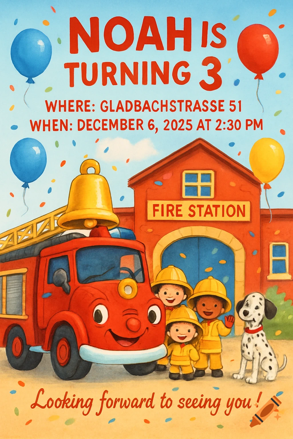A cartoon fire department themed birthday invitation for Noah turning 3, showing a fire truck, children firefighters, a Dalmatian, and a fire station.