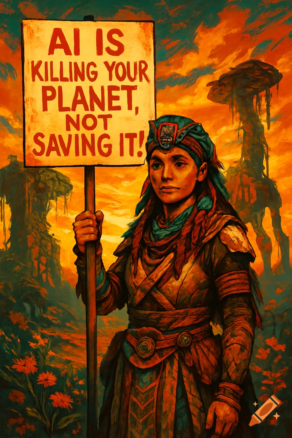 Alva from Horizon Forbidden West holds a protest sign that reads 'AI IS KILLING YOUR PLANET, NOT SAVING IT!' in a vibrant, painted dystopian landscape.