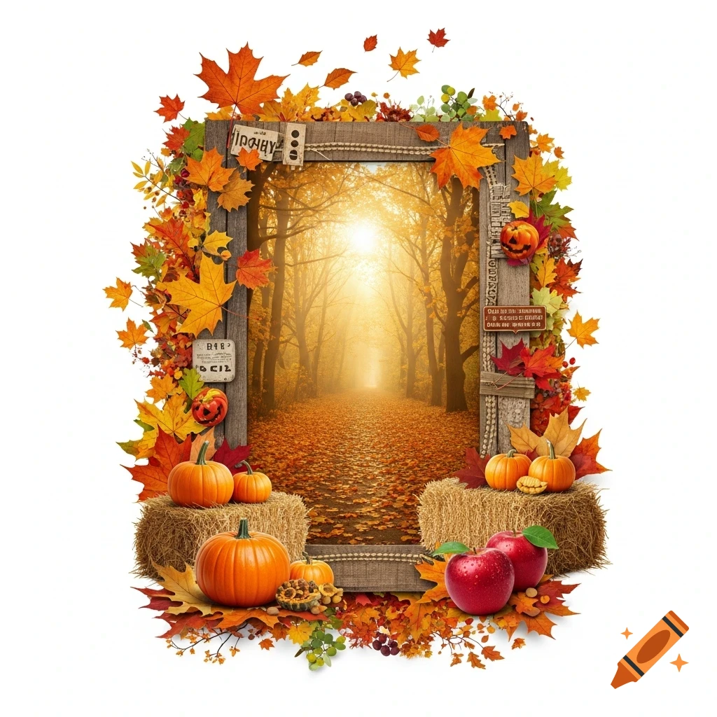 A wooden frame adorned with autumn leaves, pumpkins, hay bales, and apples, surrounds a bright path through a misty fall forest.