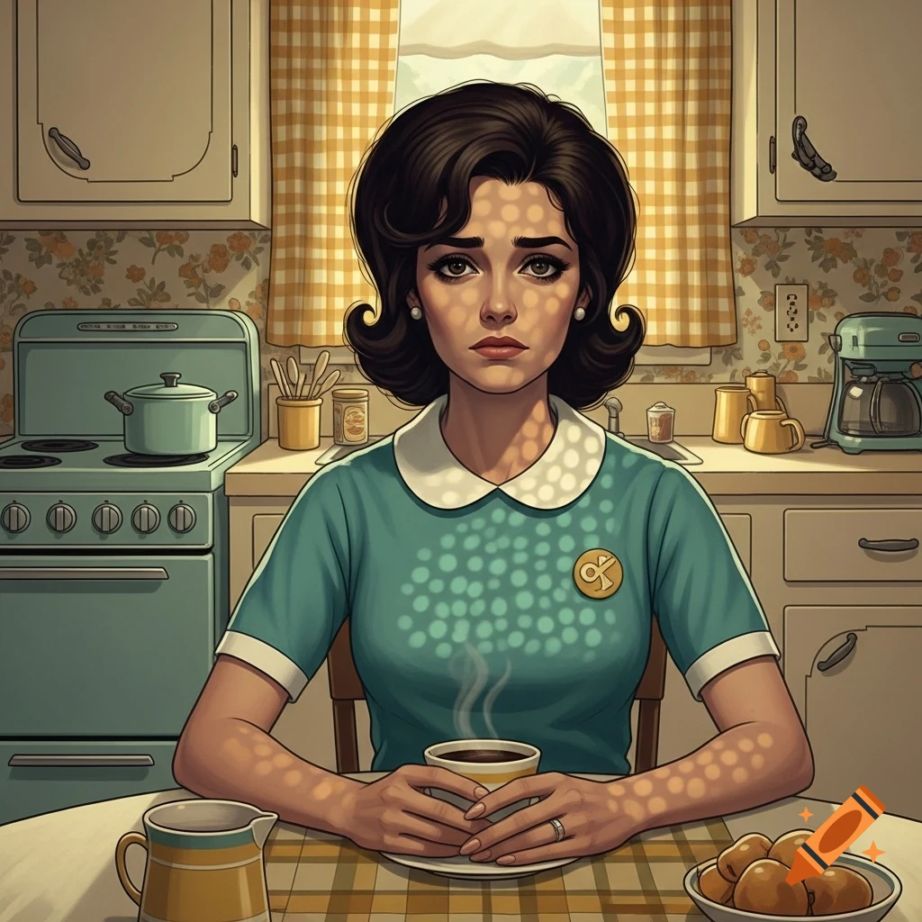 A tired woman with dark hair in 1960s retro comic art style sits at a kitchen table, holding a coffee cup, with dappled sunlight.