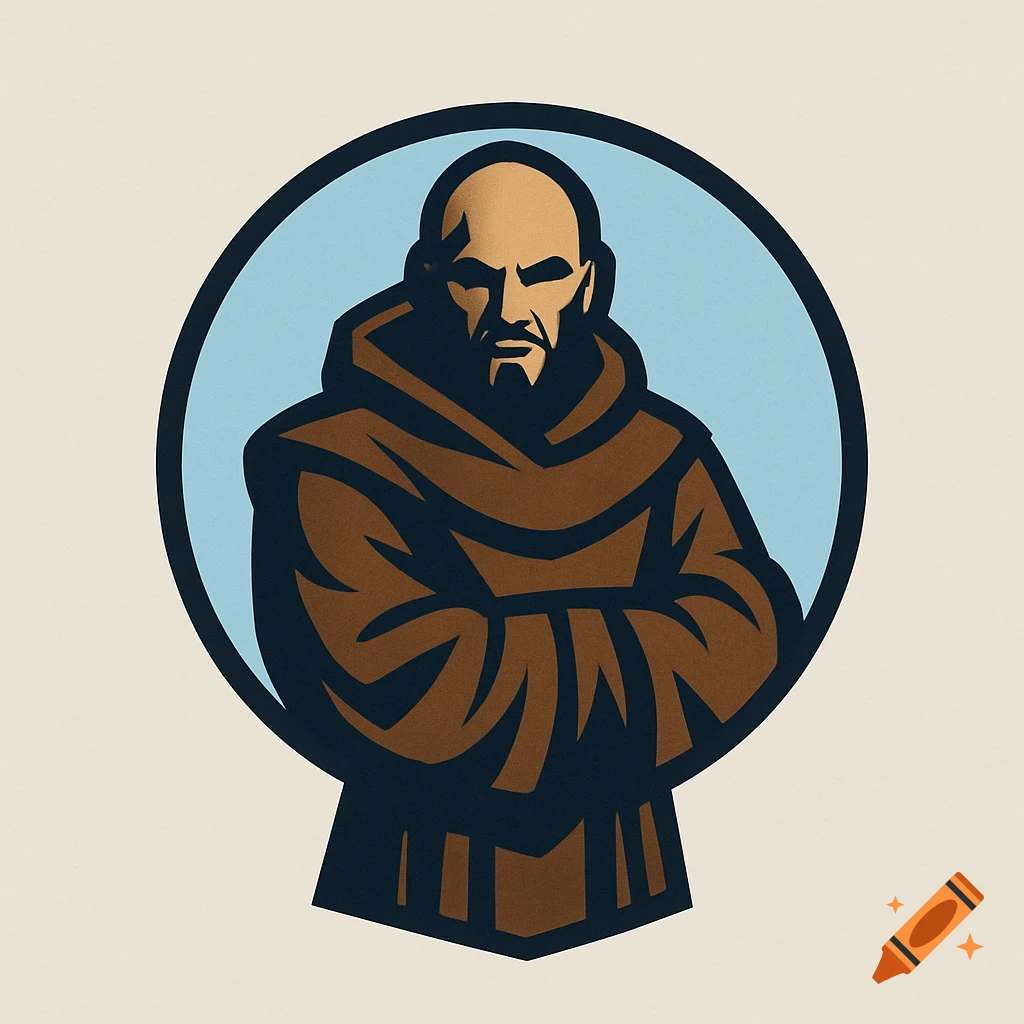 Stylized logo of a bald, bearded monk in a brown robe with crossed arms, inside a light blue circle.