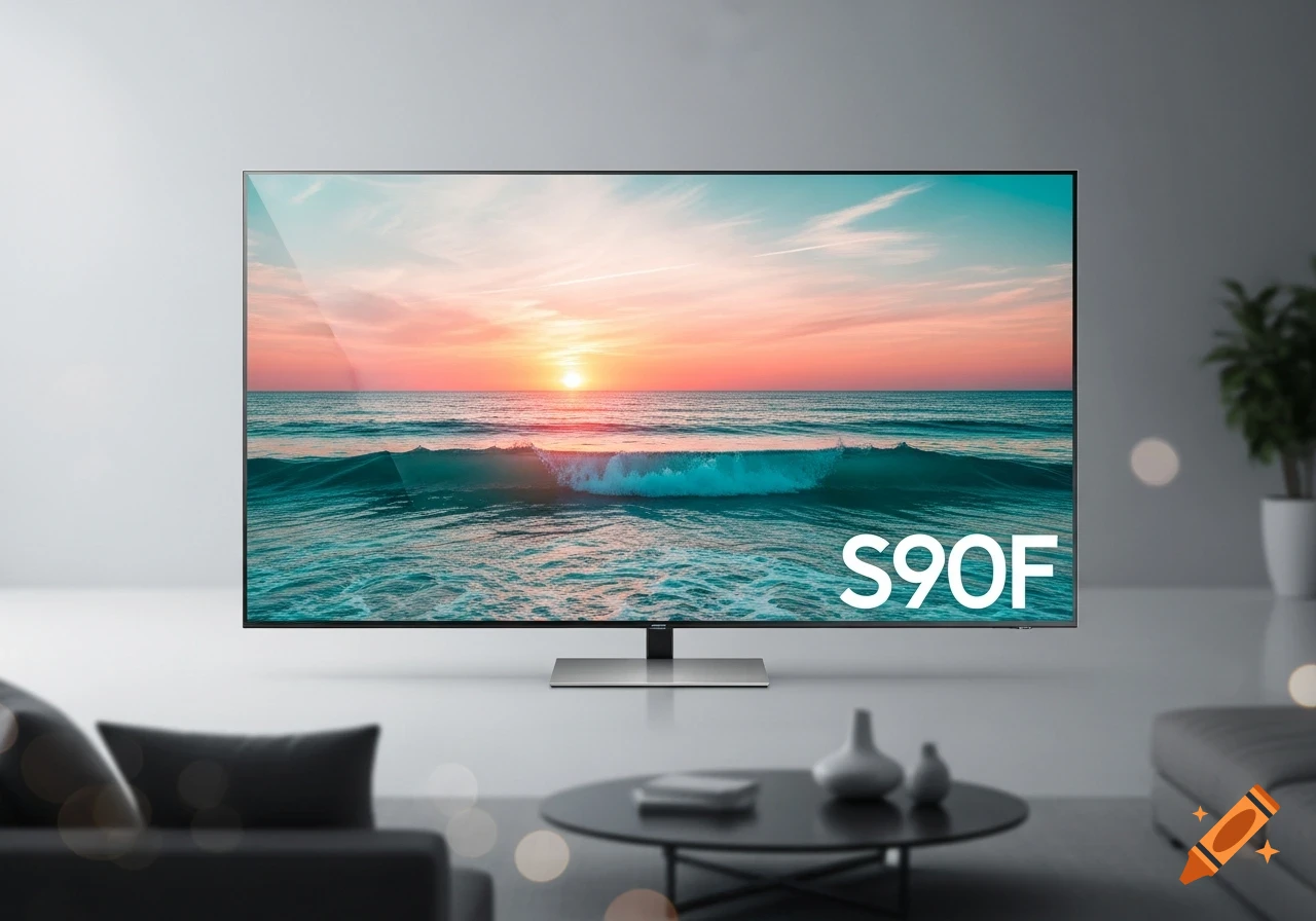A flat-screen TV showing a sunset ocean scene with 'S90F' text, in a modern living room.