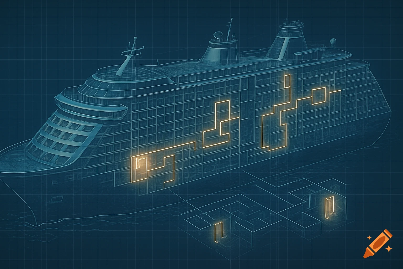 Detailed blueprint of a cruise ship with glowing yellow lines indicating secret passages on a dark grid background.