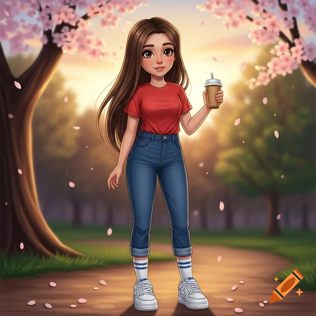 Cartoon girl with long brown hair, red t-shirt, jeans, and sneakers holding a coffee cup, standing in a park with cherry blossoms.