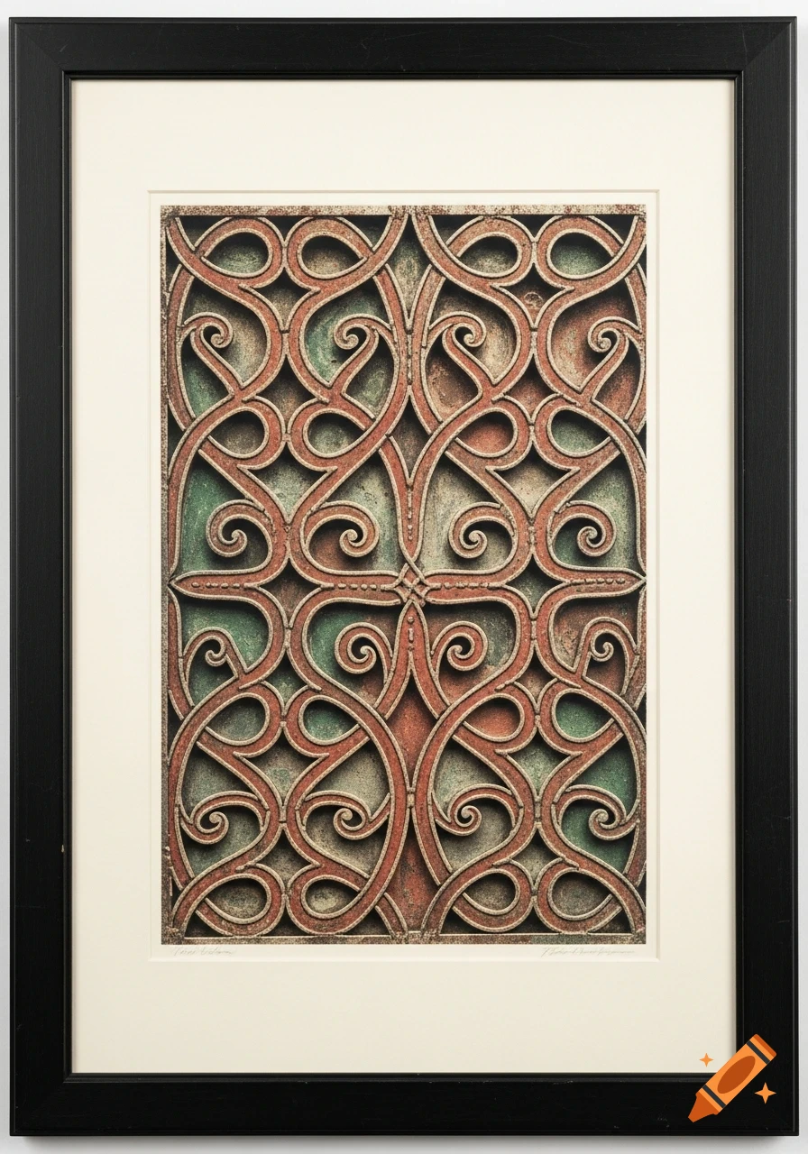 An intricate, woven abstract pattern of reddish-brown and green shapes, resembling old wrought iron, presented in a black frame with a cream mat.