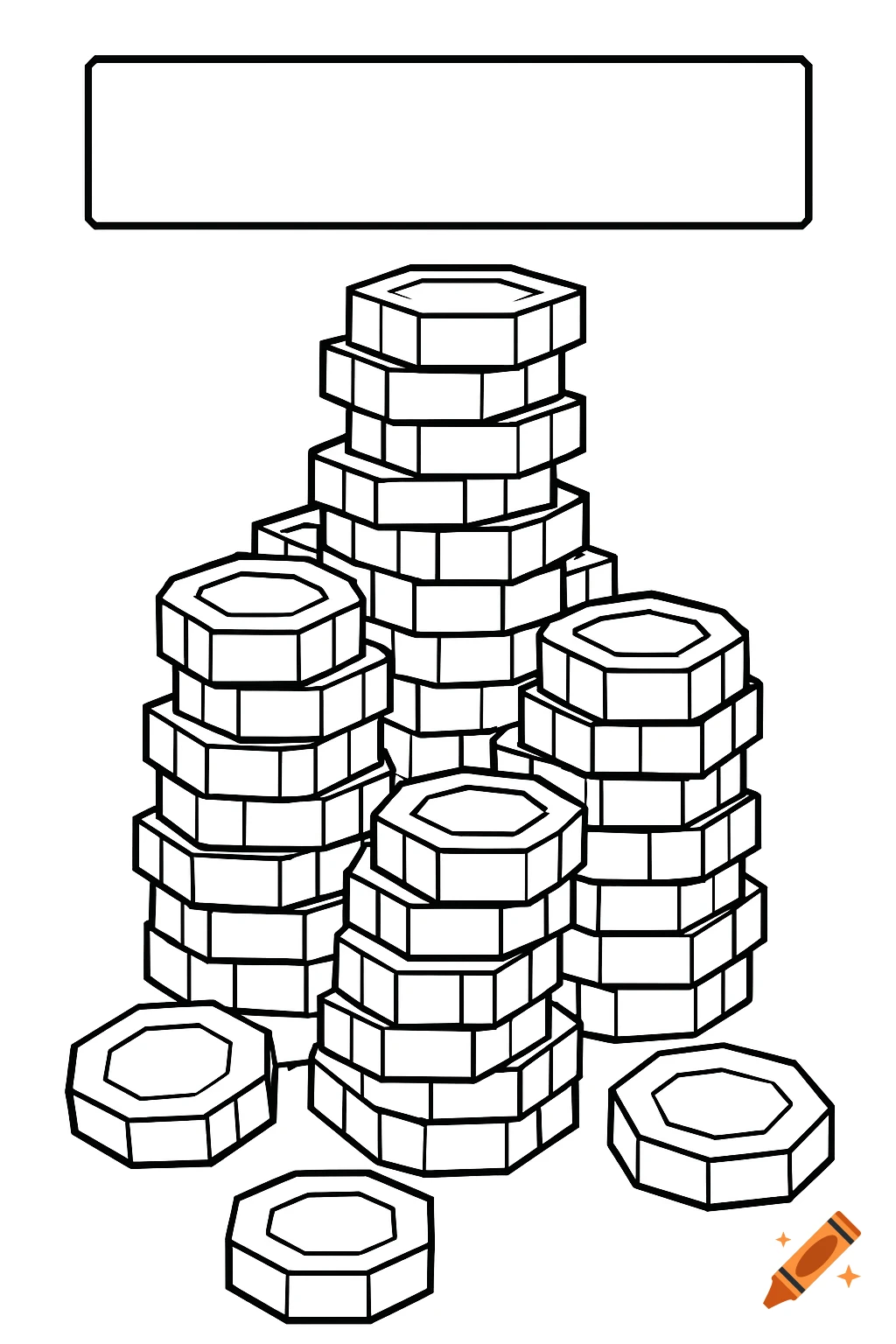 Black and white line art coloring page of stacked octagonal coins with a blank rectangle at the top.