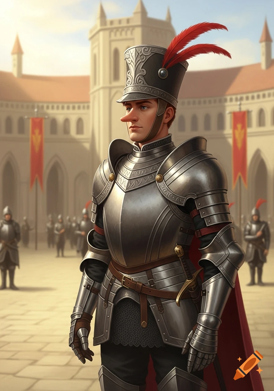 A male knight with a long nose and a tall, feathered hat stands in a castle courtyard, wearing shining silver armor.