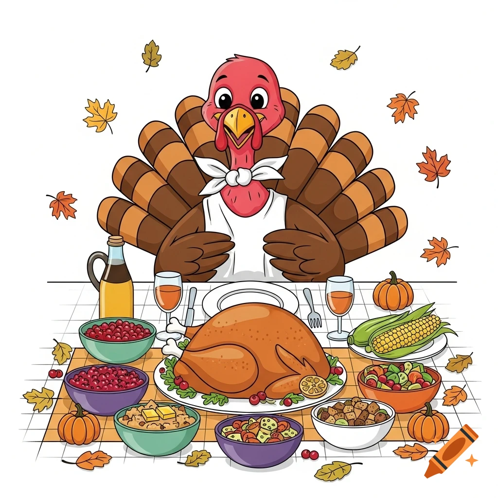 A cheerful cartoon turkey wearing a bib sits at a table filled with Thanksgiving dinner, including a roasted turkey, cranberries, and pumpkins.