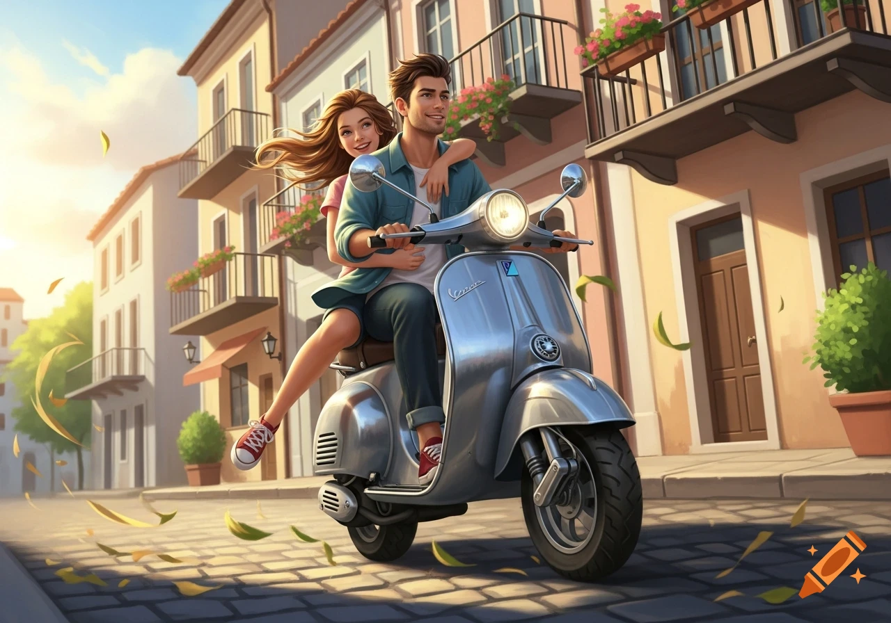 A man and woman in an illustration ride a silver scooter down a sunny, leaf-strewn European street.
