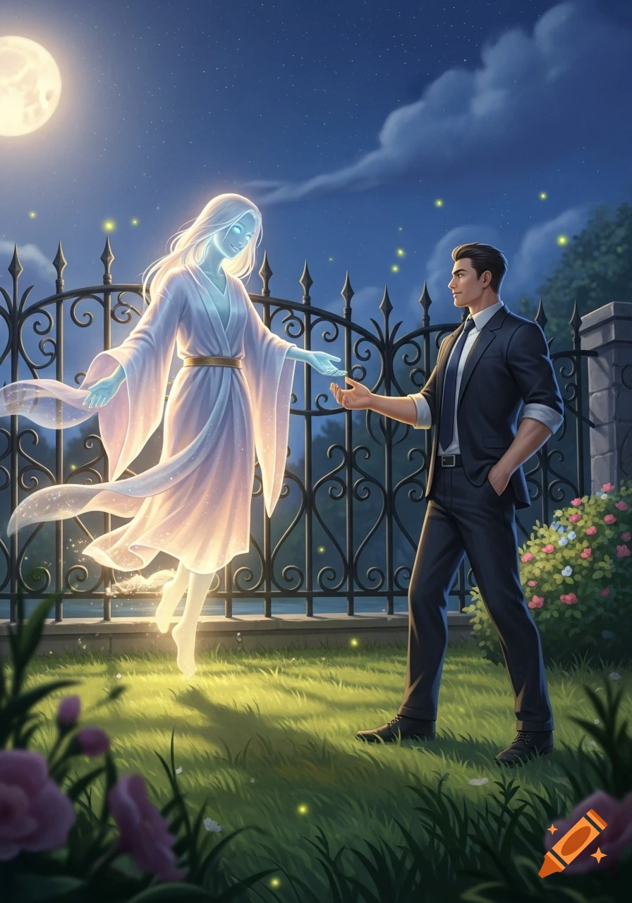 An ethereal glowing woman reaches out to a man in a suit by a garden fence under moonlight.