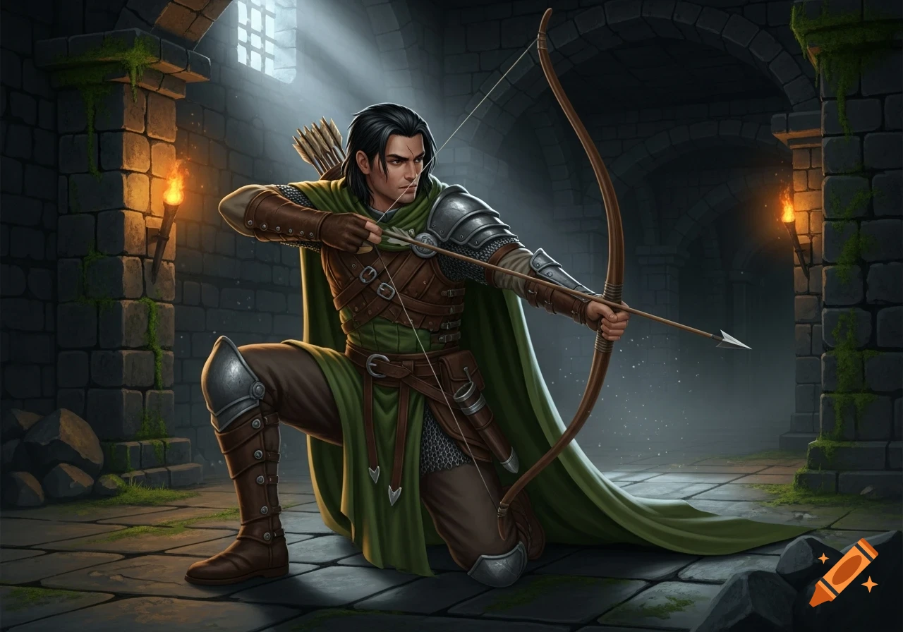 A male ranger with black hair, green cloak, and leather armor kneels in a dungeon, aiming a longbow.