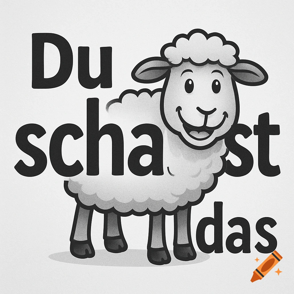 A grayscale cartoon sheep stands in place of 'schaf' in the German phrase 'Du scha st das' on a white background.