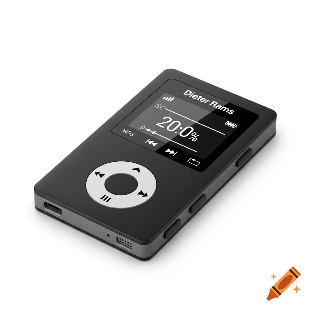 A black MP3 player with a screen displaying "Dieter Rams" and "20:0%", and a circular control pad, on a white background.
