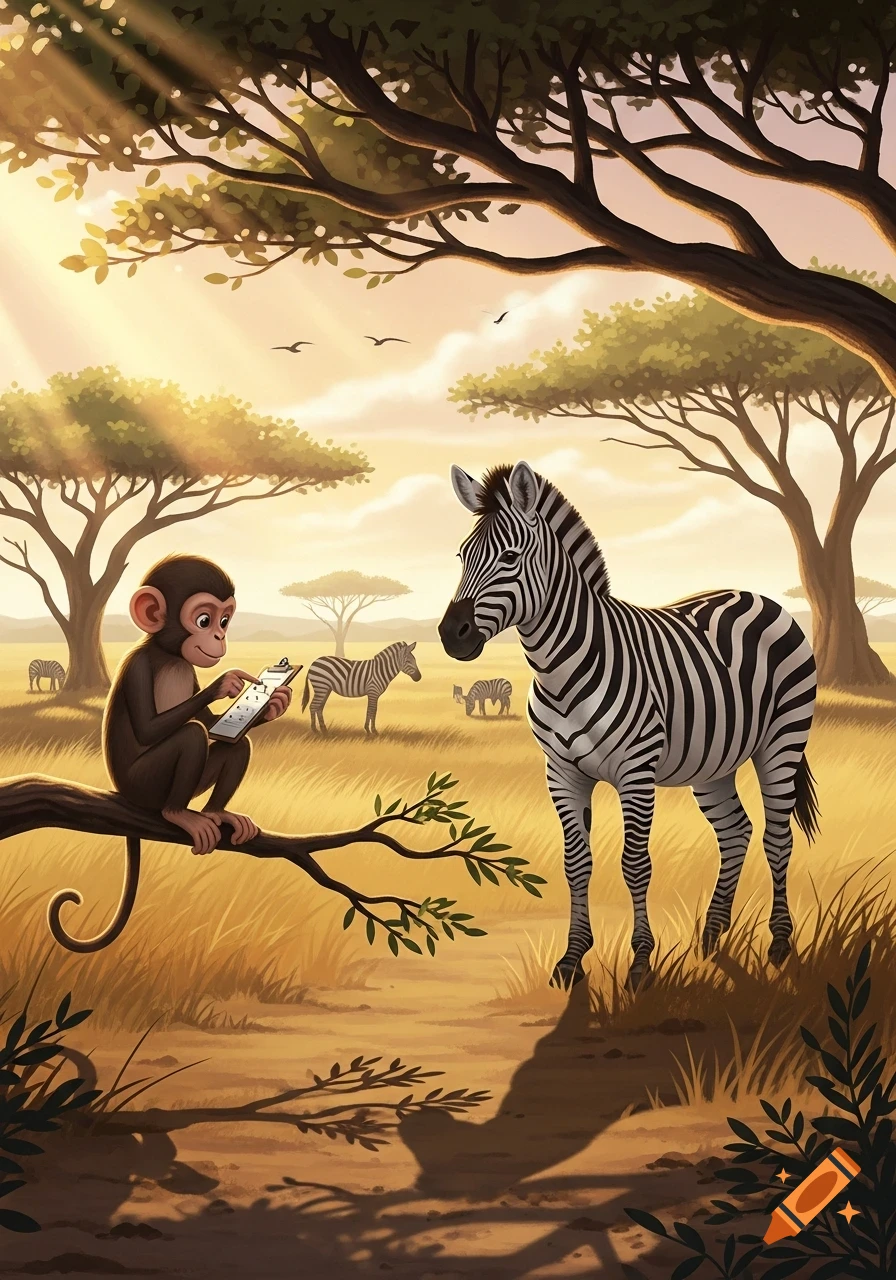 A cartoon monkey on a tree branch looks at a clipboard next to a zebra in a sunny African savanna with acacia trees.