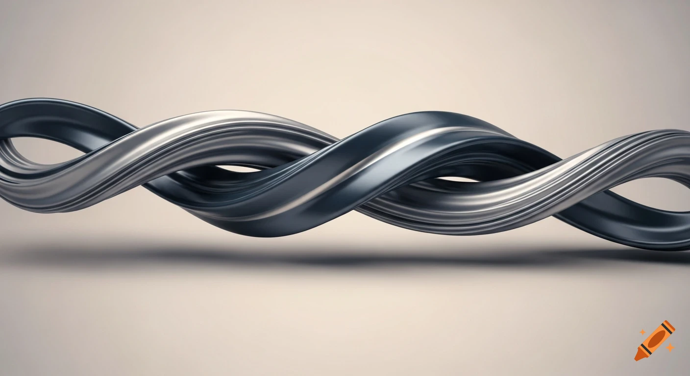 Horizontal abstract form of two intertwined metallic ribbons with reflections and subtle shadows against a light background.