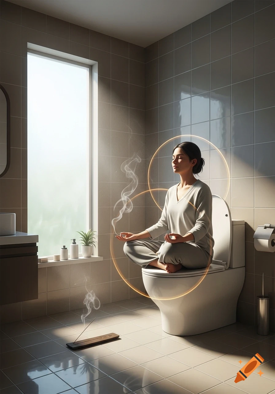 A person in a lotus position meditates on a toilet in a sunlit bathroom with an incense stick burning.