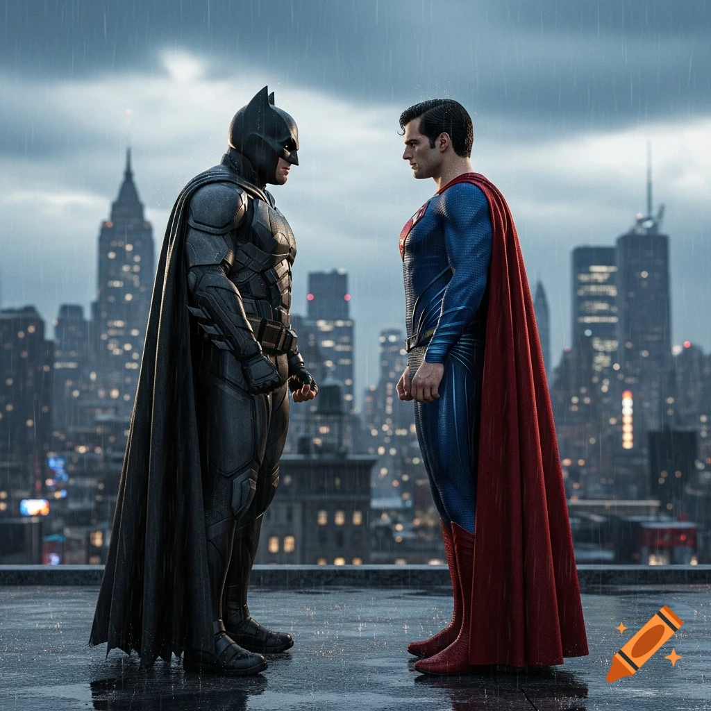Photorealistic image of Batman and Superman facing each other on a rain-soaked rooftop with a city skyline at dusk.