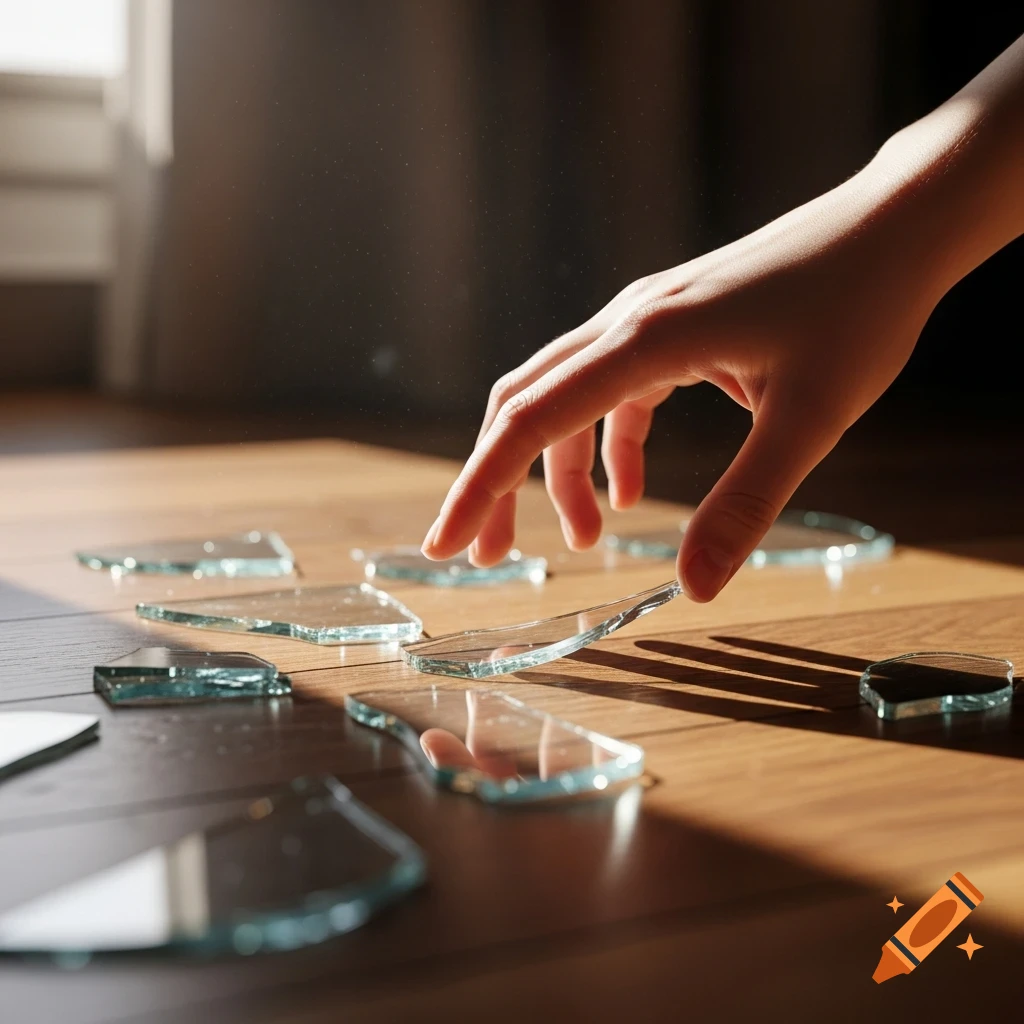 A human hand carefully picks up a sharp shard of broken glass from a sunny wooden floor.