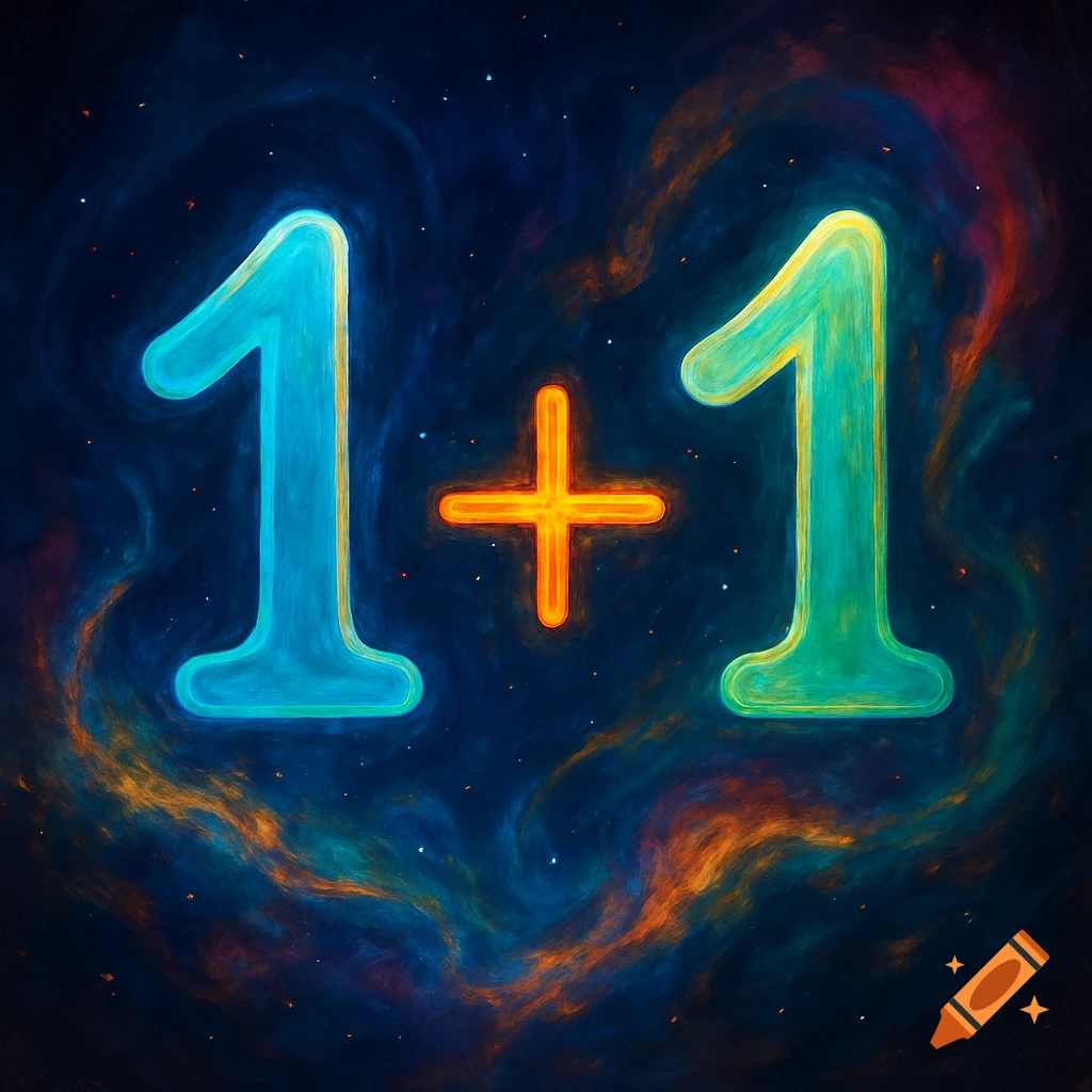 Glowing blue, orange, and green numbers '1 + 1' against a dark cosmic background with nebulae and stars.