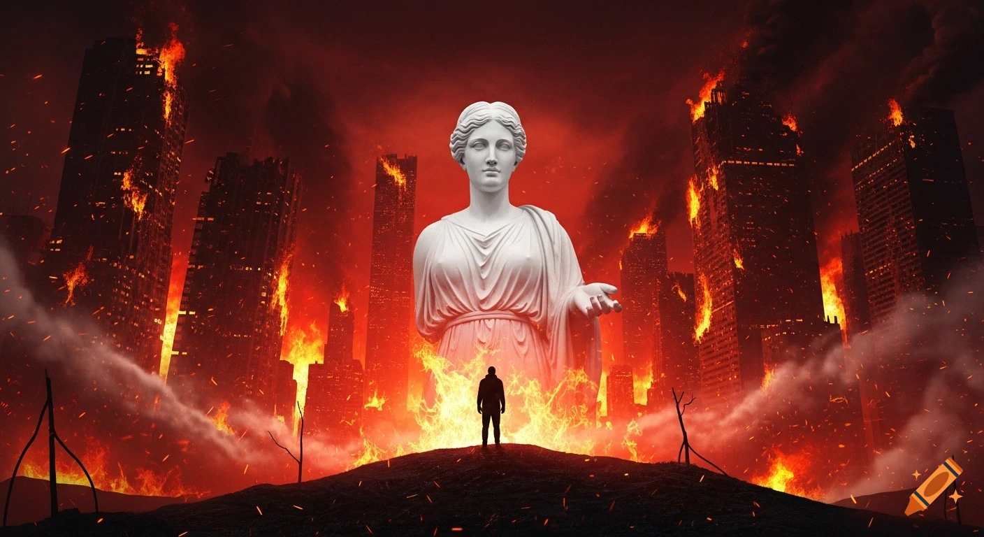 A lone figure stands on a hill overlooking a gigantic white statue of a woman amidst a burning, apocalyptic city.