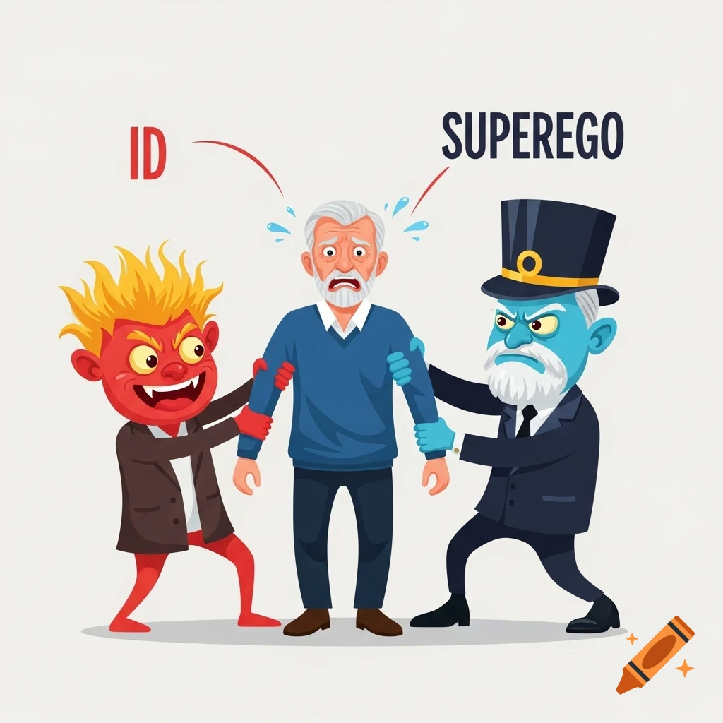 Cartoon showing an anxious older man pulled by a red devil-like 'ID' and a blue top-hatted 'SUPEREGO', symbolizing inner conflict.