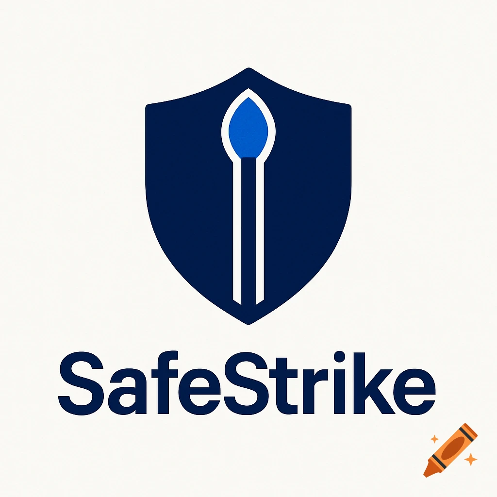 Navy blue shield logo with a vertical white matchstick and blue tip, above 'SafeStrike' text, on a white background.