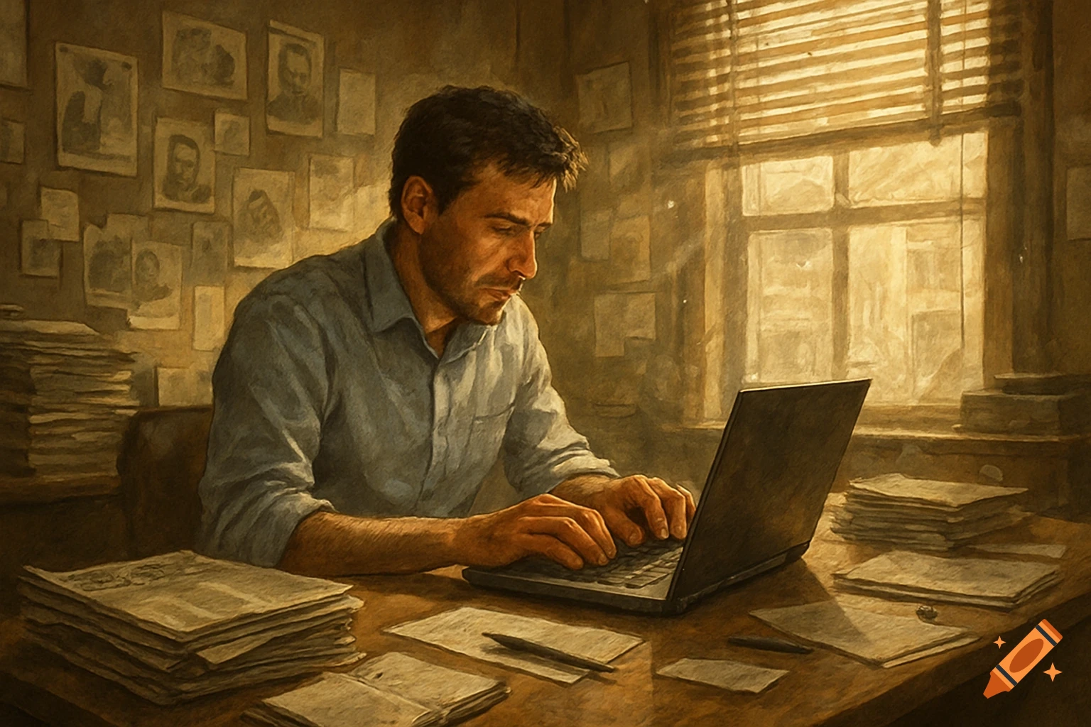 A man, appearing to be a journalist, types on a laptop at a cluttered desk in a dimly lit, painterly office.